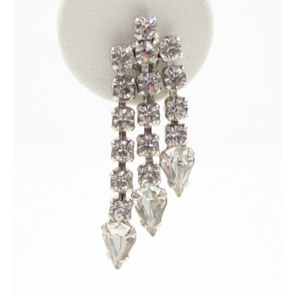 Vintage Pair Rhinestone Graduated Dangle Drop Earrings Screw Back 1.5 Inches - Picture 3 of 5